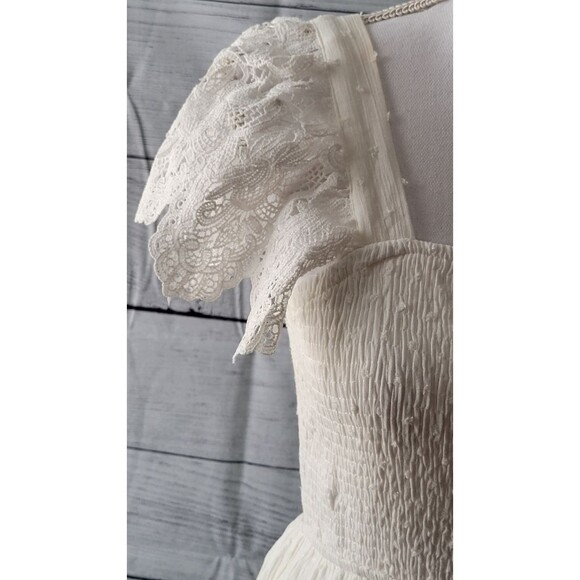 Simplee Shirred Cream Flutter Sleeve Ruffle Trim Eyelet Embroidered Dress Sz S - Picture 6 of 8